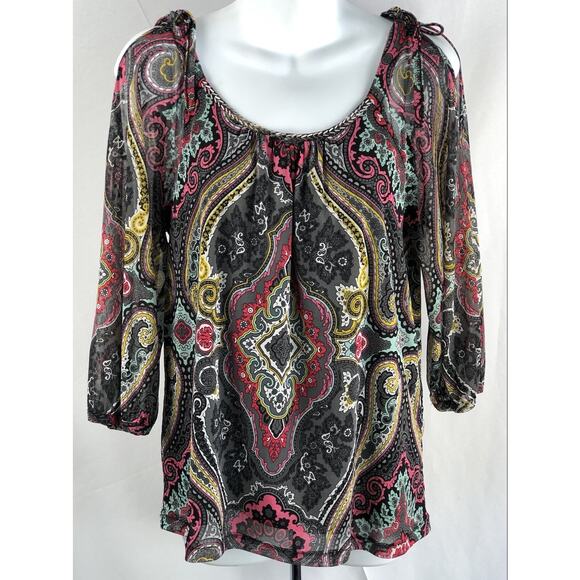 INC Cold Shoulder Mesh top PL multicolor Beads scoopneck 3/4 sleeve Psychedelic - Picture 5 of 5